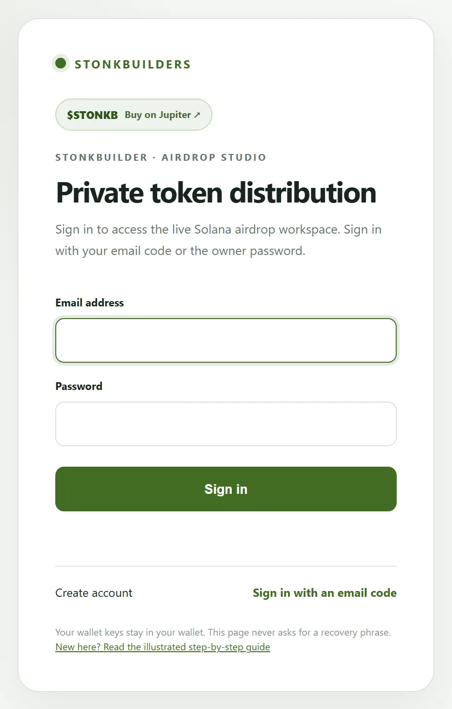 Airdrop Studio sign-in page with an email code option