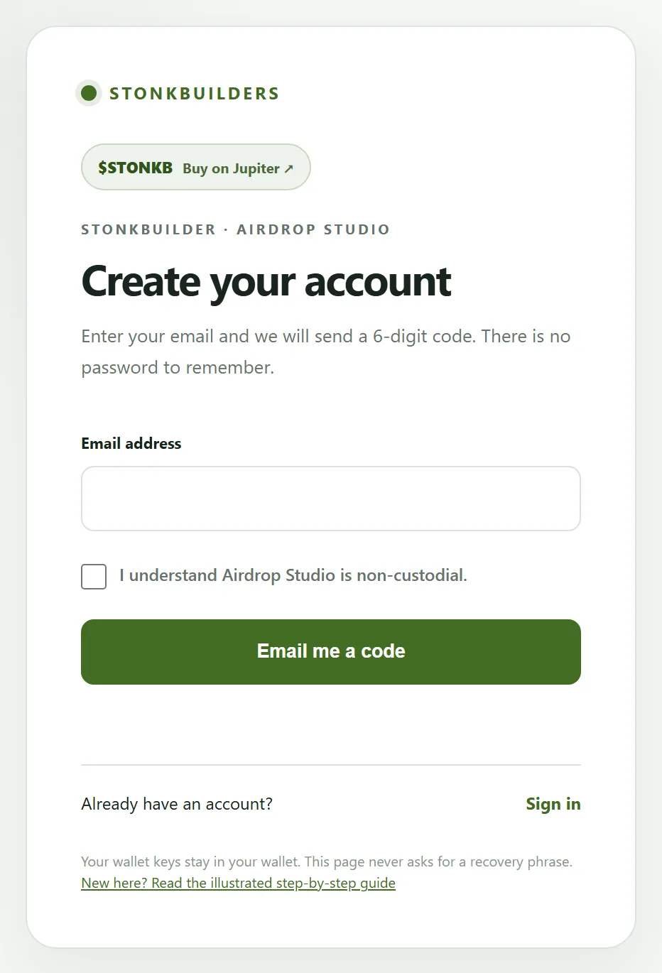 Create account page with an email field and the conditions checkbox