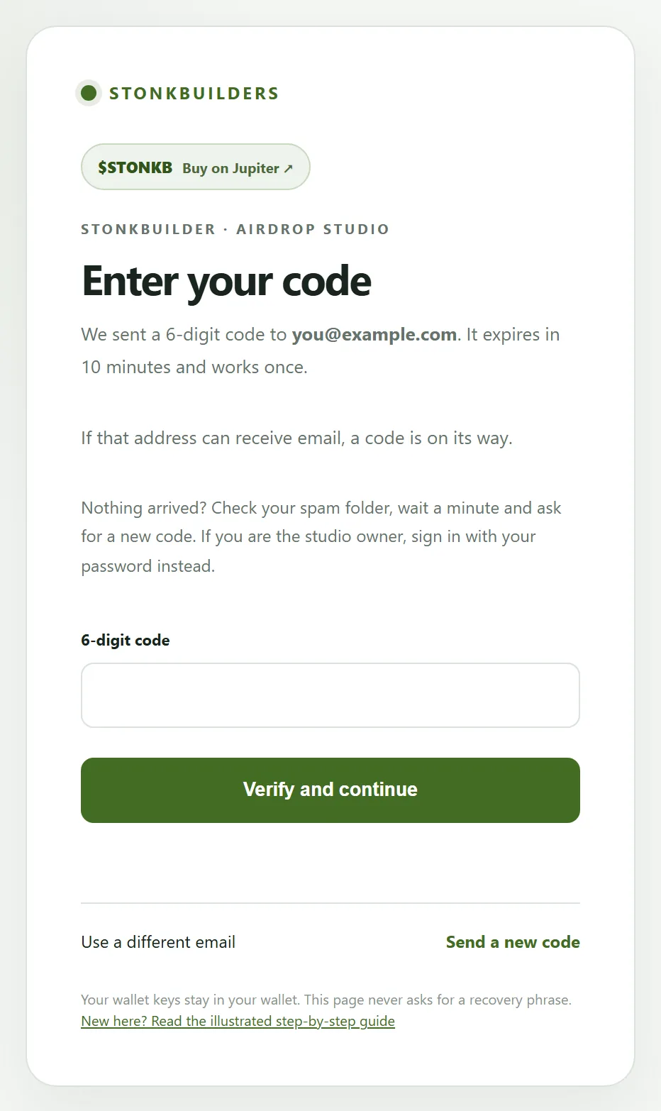 Enter your code page after the email was sent