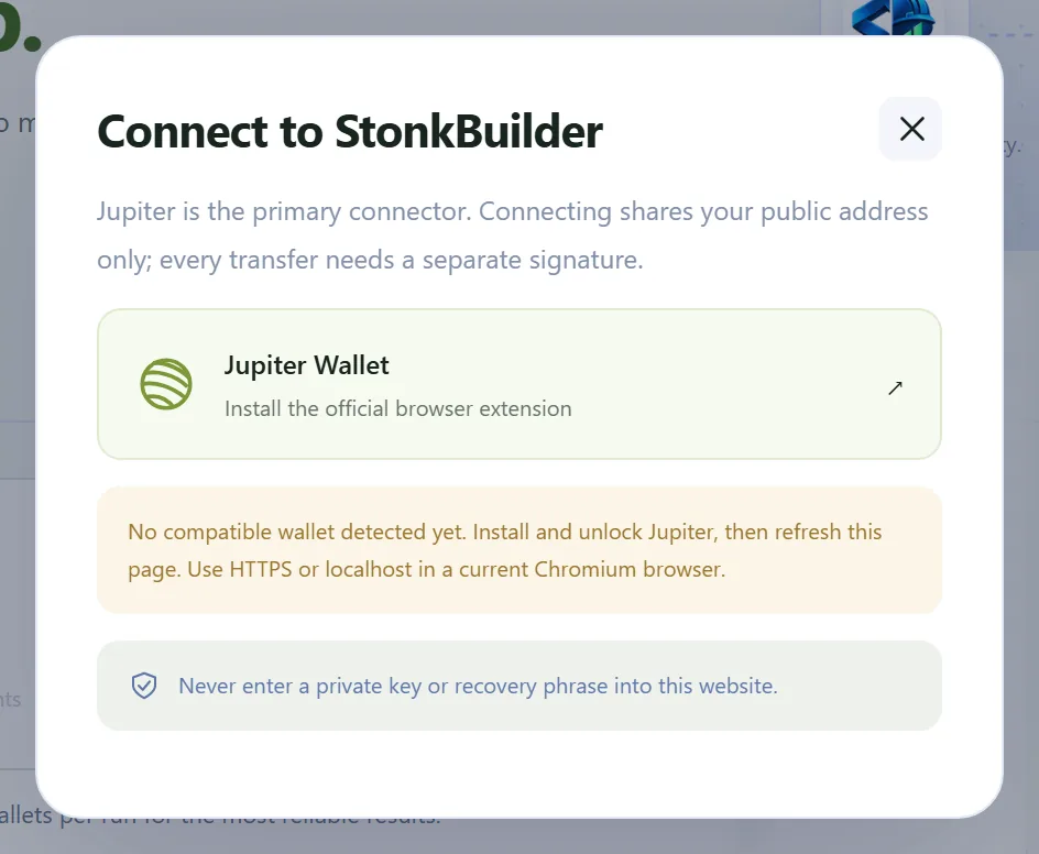 Connect window when no wallet extension is detected, showing the Jupiter install link