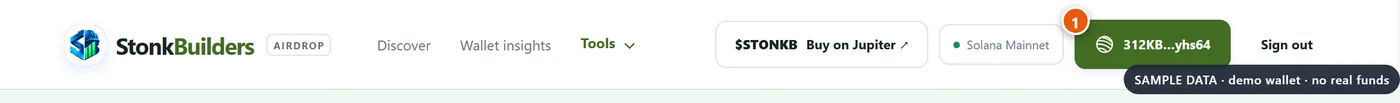 Top bar after connecting, with the wallet address on the green button