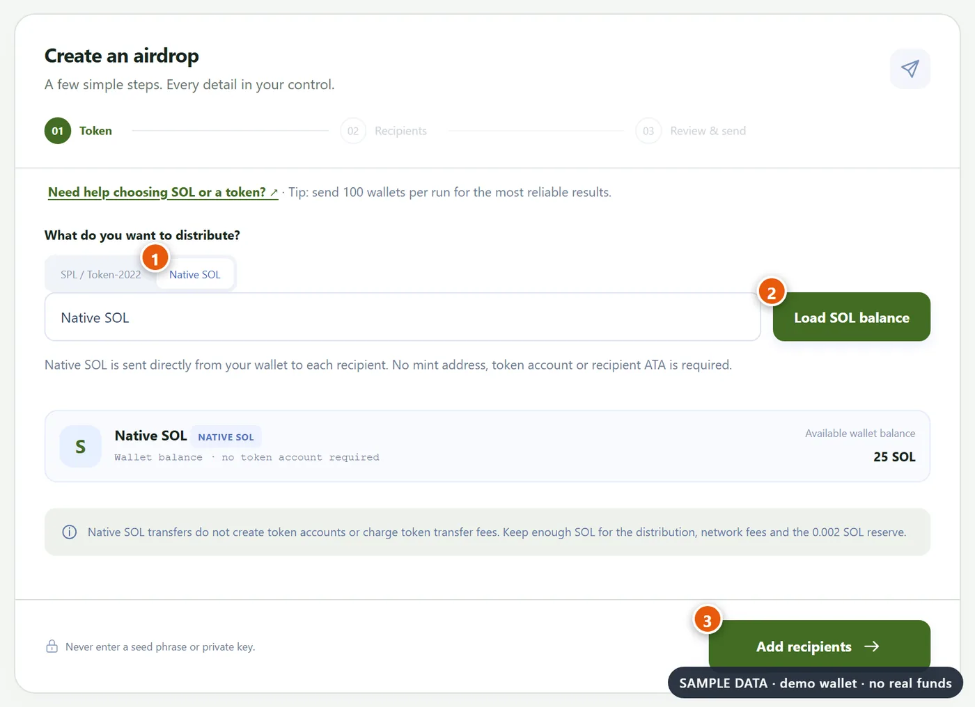 Choose asset step with Native SOL selected and the live balance loaded
