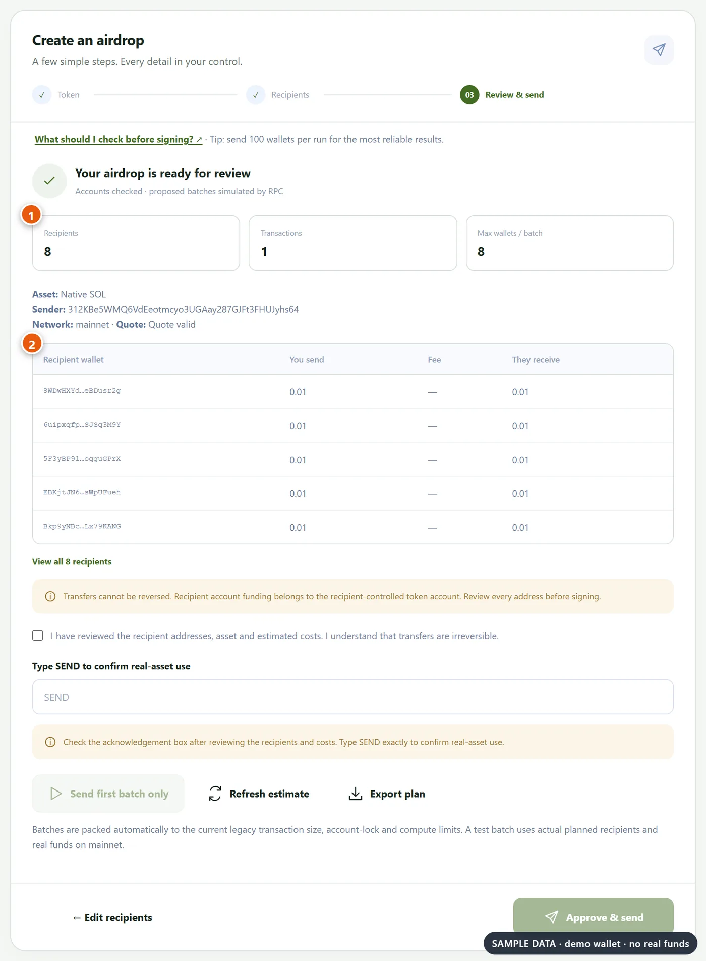 Review screen with the recipient count, batches and recipient table