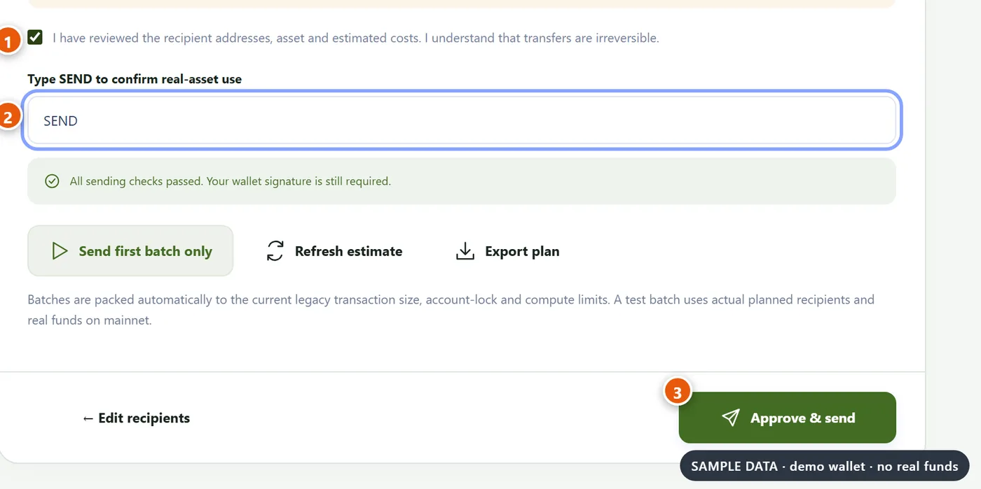 Confirmation controls: the acknowledgement checkbox, the SEND field and the Approve and send button