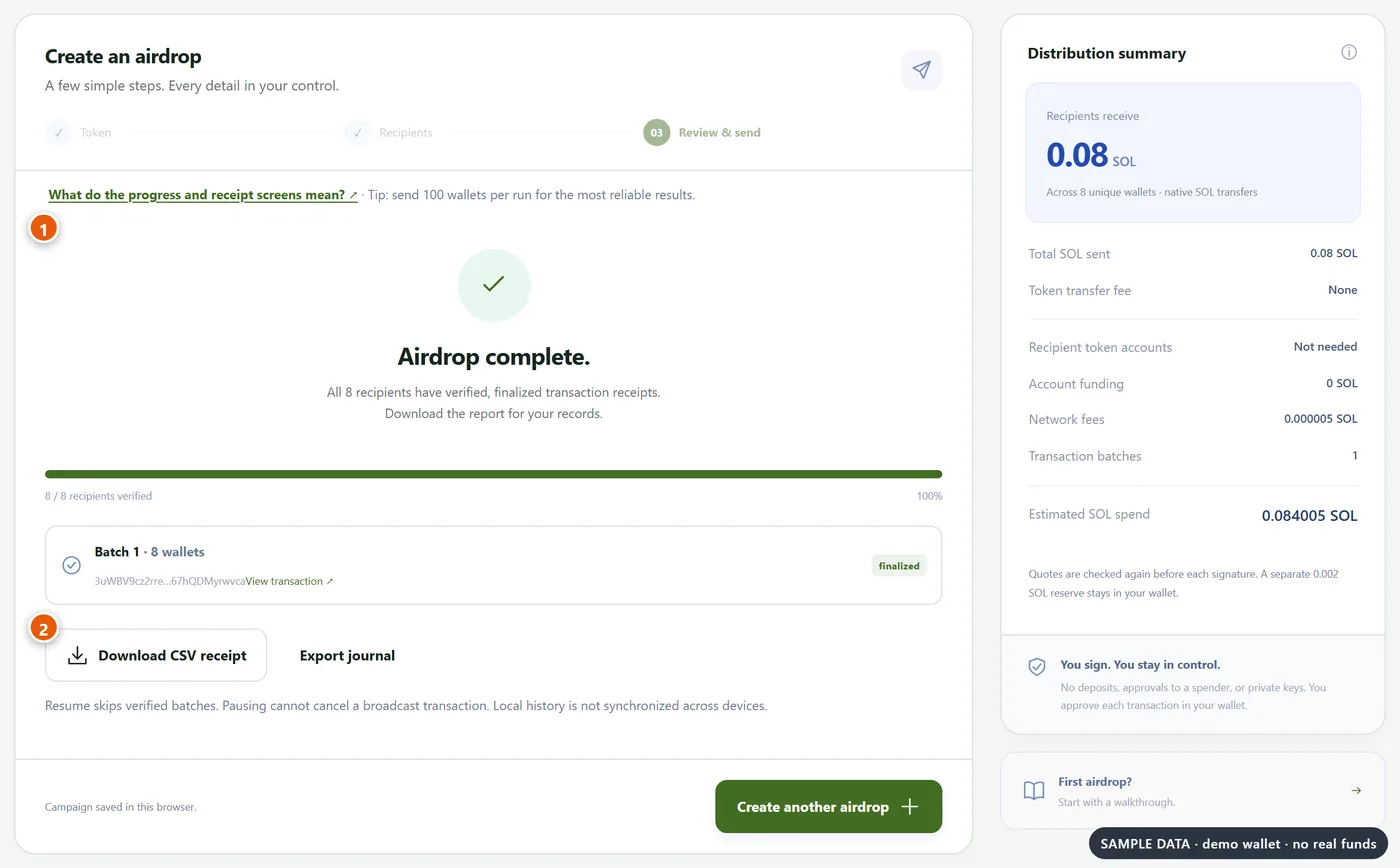 Airdrop complete screen with a verified batch, the CSV receipt button and the summary