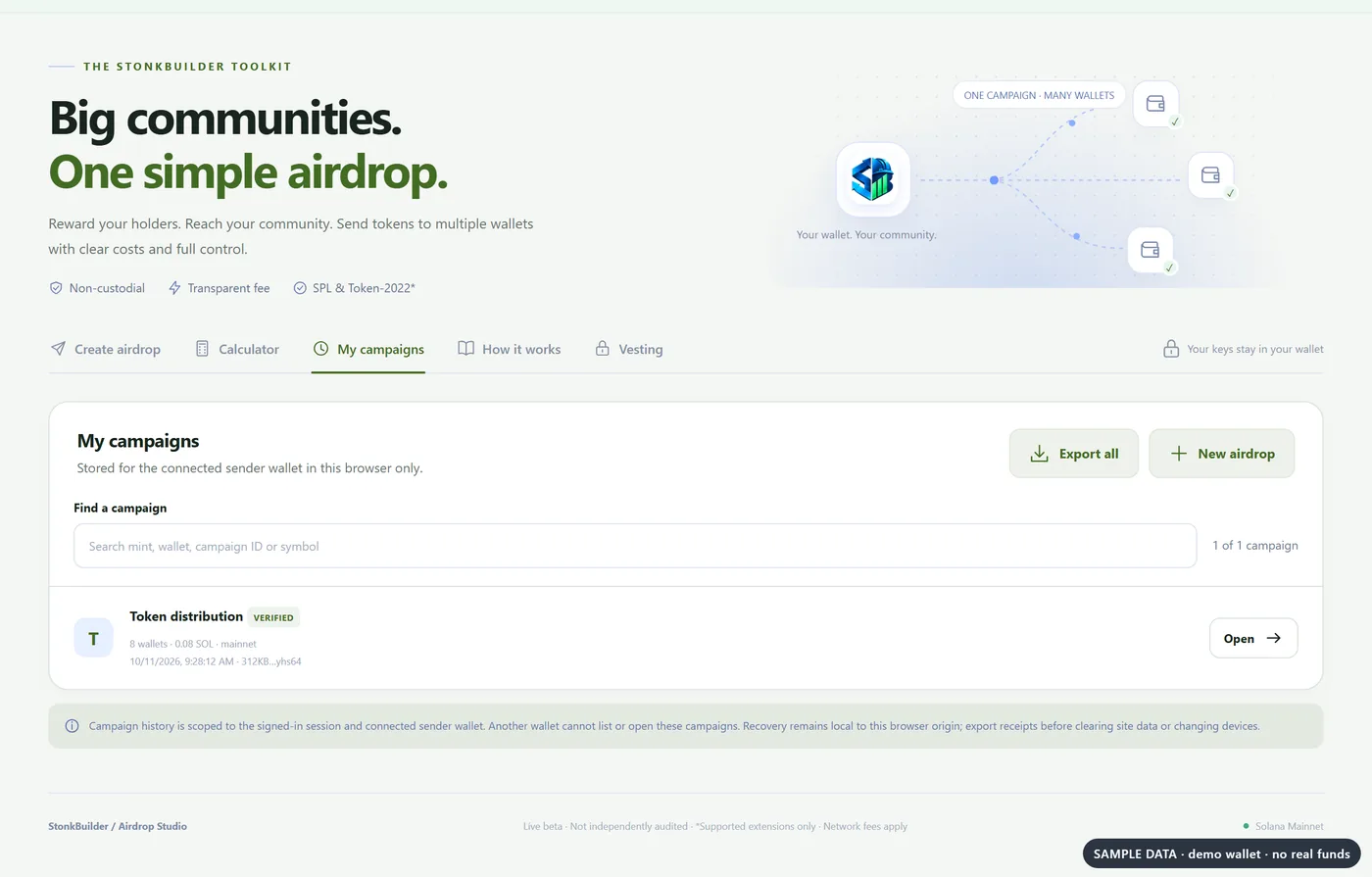 My campaigns history listing the finished airdrop
