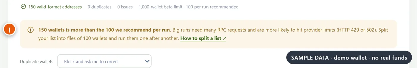 Amber notice recommending 100 wallets per run with a link to this guide