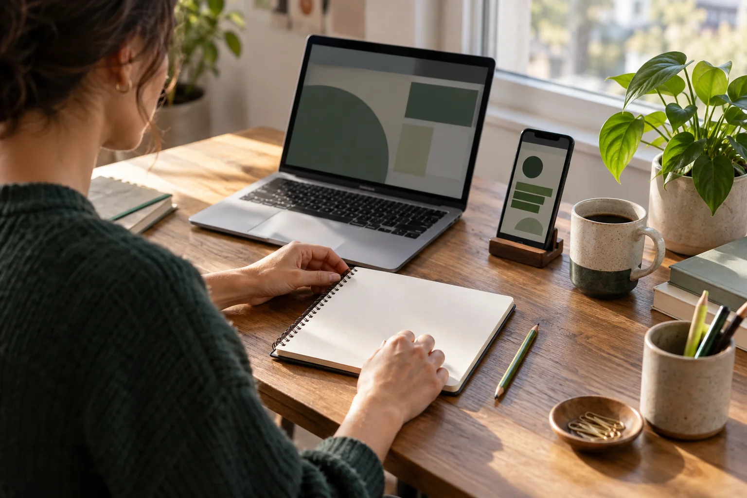Illustrative editorial scene of a creator planning a community page with a laptop and phone; not a product screenshot