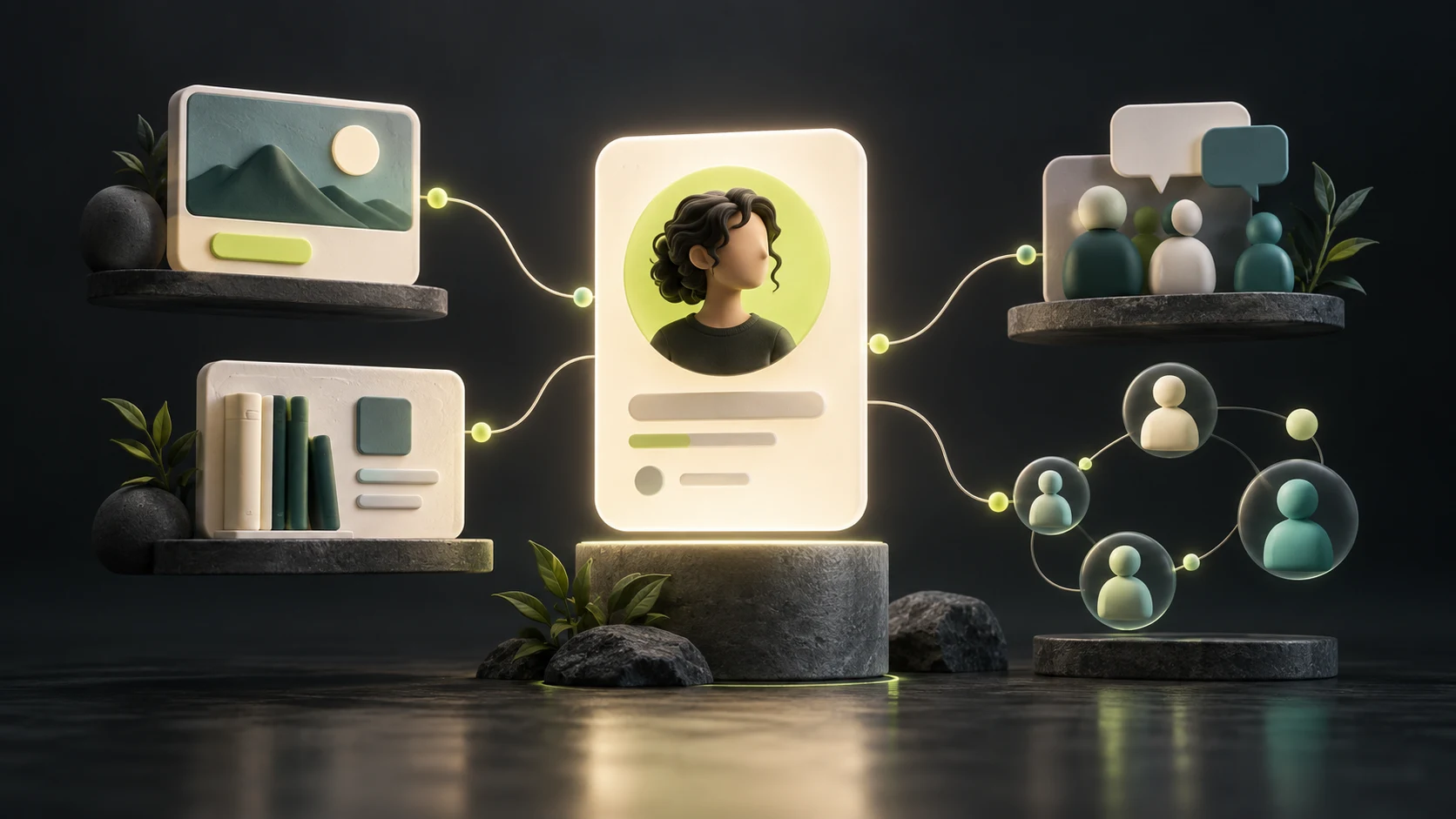 Concept image of a creator profile connecting a useful link collection, learning resources, and optional community participation