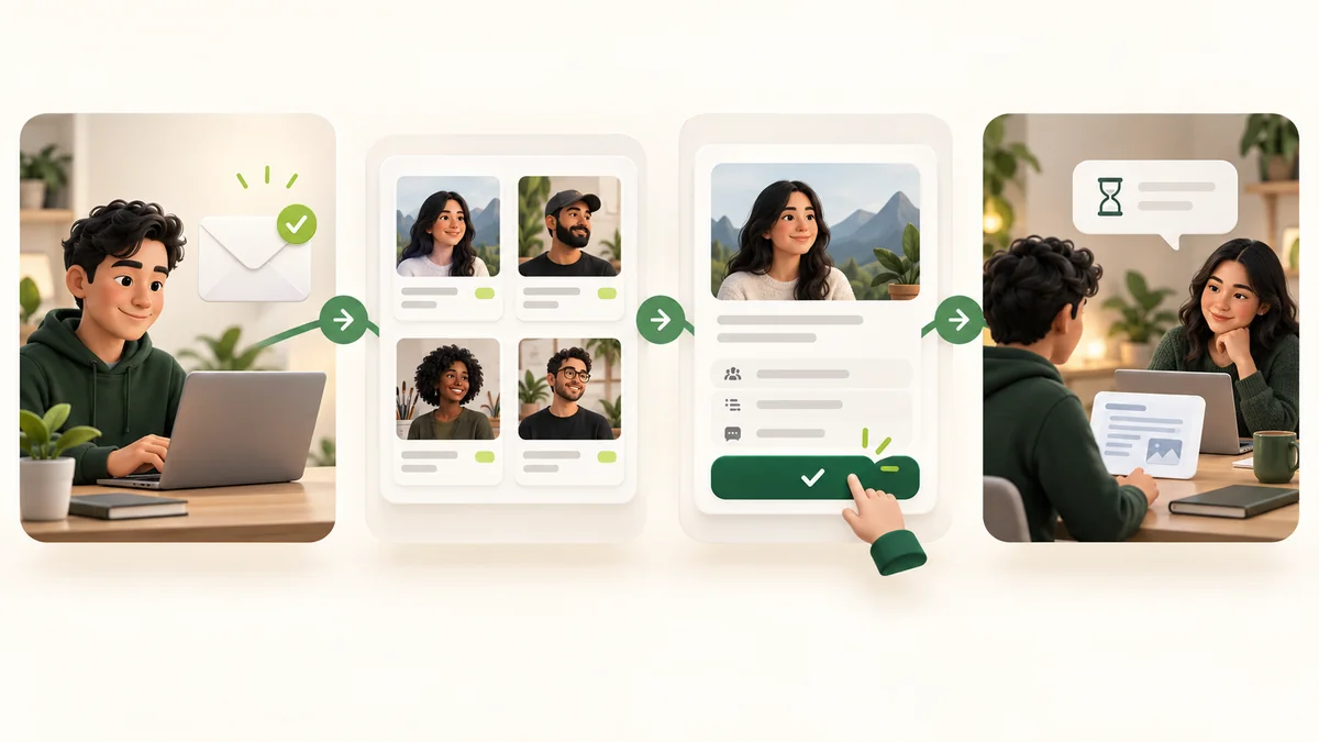 Four illustrated steps show a member verifying their account, browsing creator profiles, explicitly joining one community, then submitting work for a creator to review